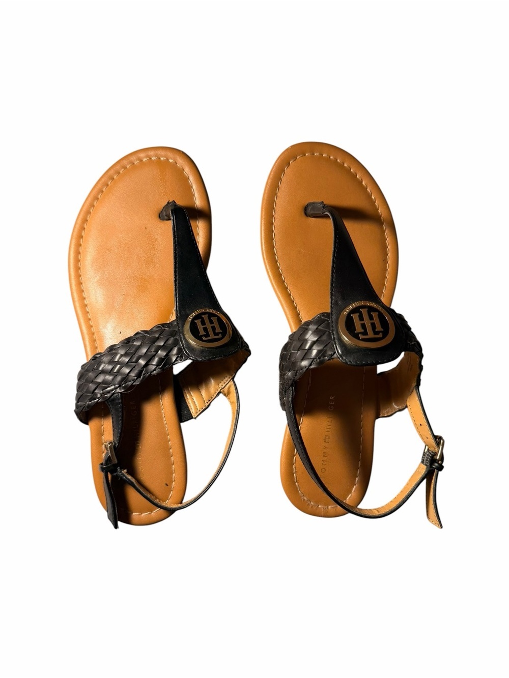 Tommy Hilfiger Black Braided Leather Thong Sandals with Tan Footbed
